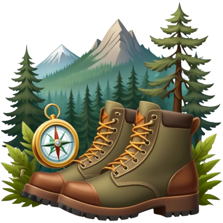 emoji for Hunting Tourism: a hunting rifle, hunting boots and a compass on a forest background, with a silhouette of wildlife in the distance. The icon should capture the adventure and connection with nature in hunting tourism. Transparent background. emoji