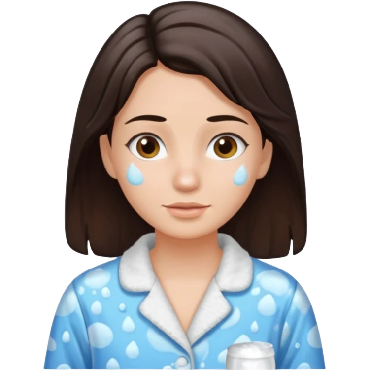 Mujer lavando su cara, tiene el pelo cafe oscuro y tez blanca, aun tiene pijama emoji