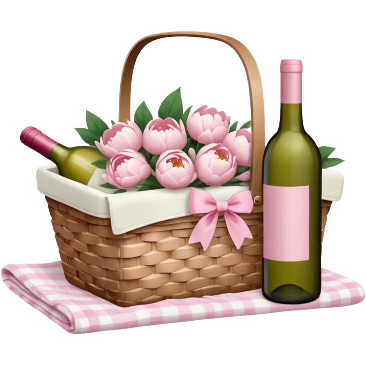 White Picnic basket with light pink bow and white peonies and a pink wine bottle inside emoji