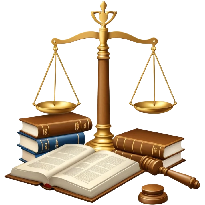 An icon featuring scales of justice, a gavel, and a legal book, symbolizing the study of law. The design includes courthouse pillars in the background, representing authority and legal systems. Transparent background highlights the principles of justice, order, and legal education. emoji