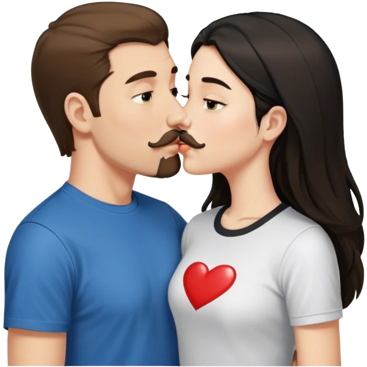 tall white guy with brown hair goatee mustache wearing t-shirt kissing a shorter white girl with long black hair emoji