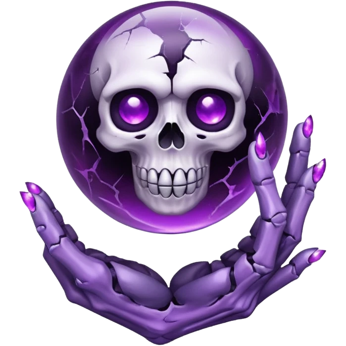A Discord emoji of a floating, cracked purple crystal orb held by skeletal fingers. Void magic theme, vibrant glow, sharp detail, white background. emoji