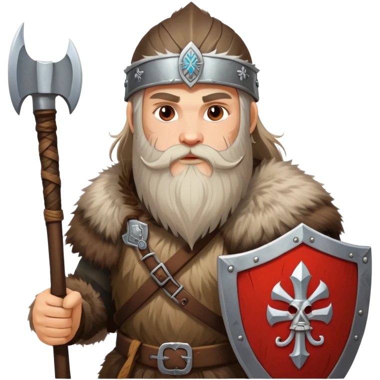 Russian pagan warrior with fur clothing, axe, shield with Slavic symbols, long beard emoji