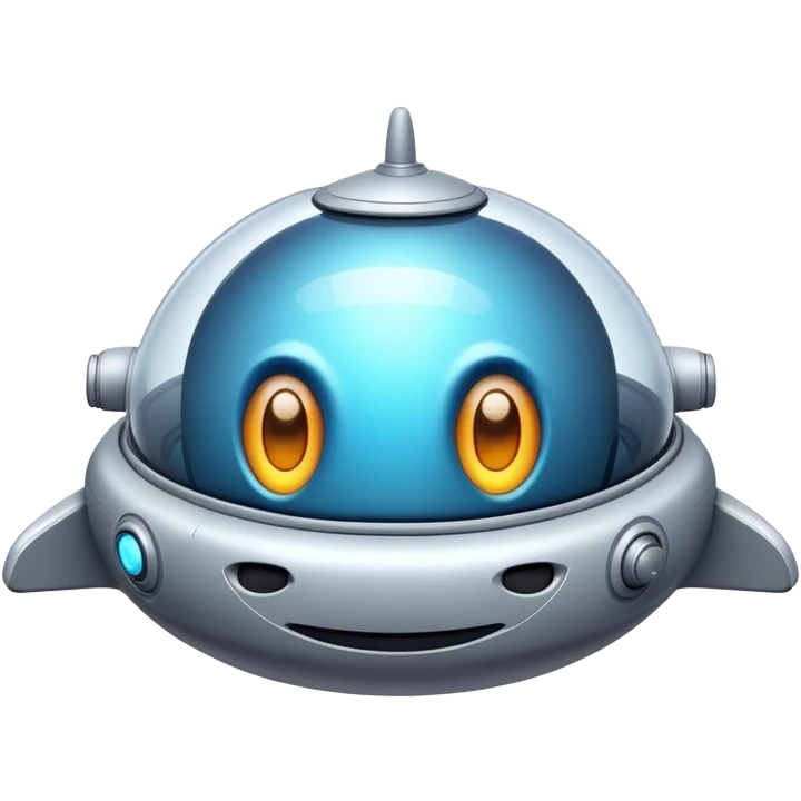 Design a simple, friendly spaceship with a smooth, rounded shape. Add a clear 'face' on the front using glowing lights for eyes and a curved line for a smile, giving it personality. Use a plain background to keep the focus on the ship emoji