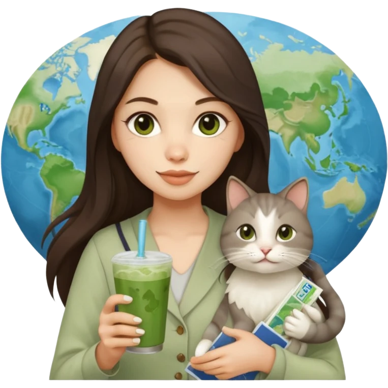 a brunette woman with long hair in here 30S drinking an iced matcha, carrying a grey cat and a map of the world emoji
