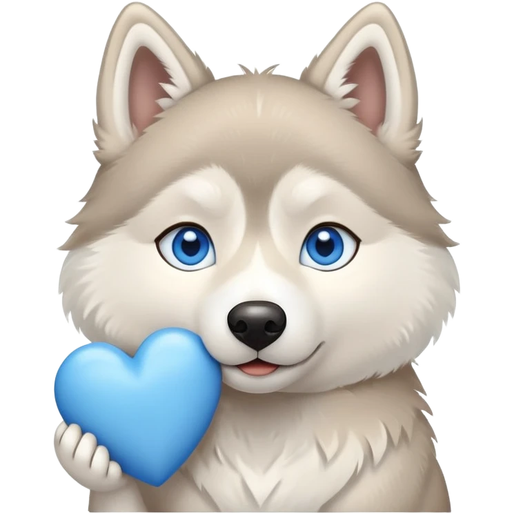 Beige husky with blue eyes holding a blue heart emoji