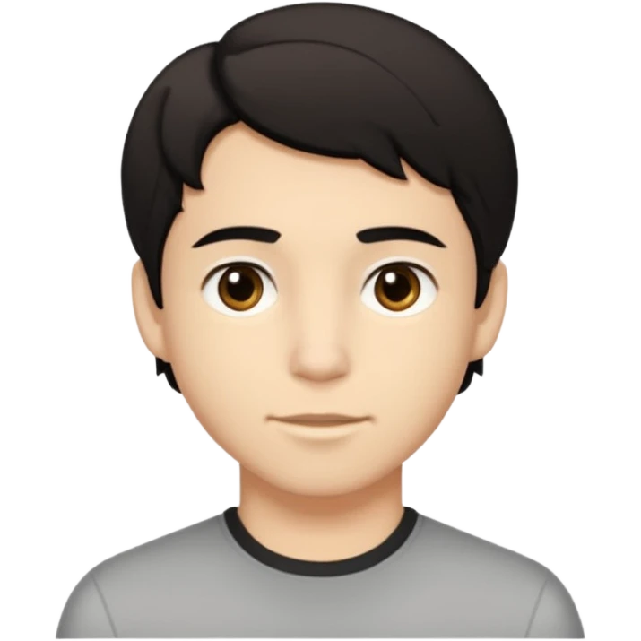 A young man with light skin tone, short wavy black hair parted to the side, large brown eyes, and a neutral expression with a small closed-mouth smile. emoji