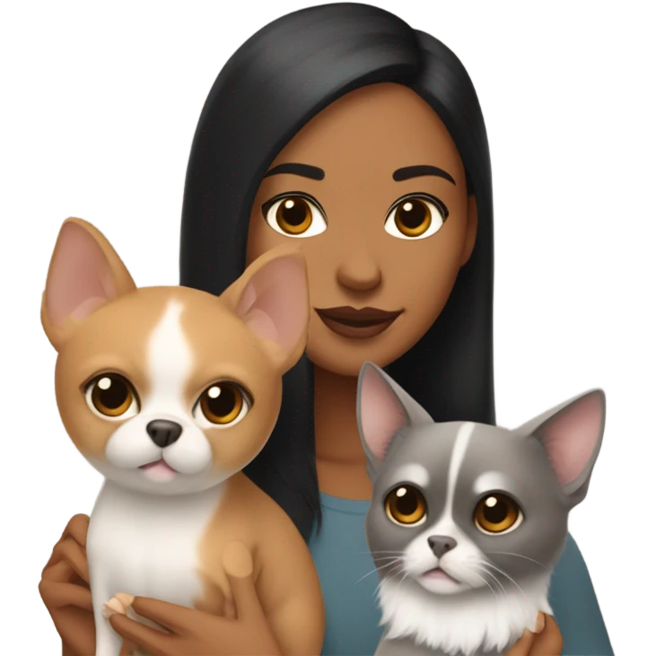 Latino woman with black staight hair and brown eyes is holding a grey sphinx cat and a ginger Pomeranian dog emoji