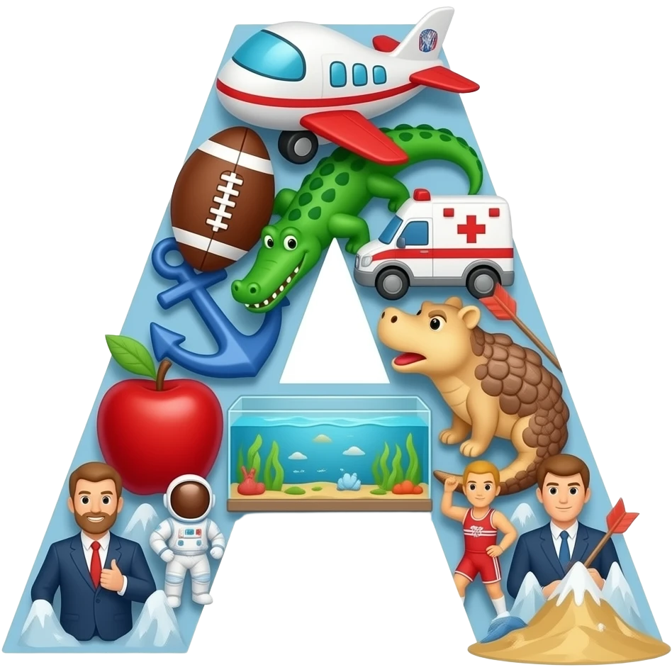 A is for above, accident, acrobat, act, add, address, adult, airplane, airport, alligator, alphabet, ambulance, American football, anchor, angry, animal, ankle, ant, ape, apple, aquarium, arm, armadillo, arrow, artist, astronaut, athlete, audience, author, and avalanche emoji