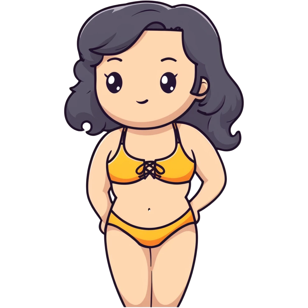 beautiful curvy woman with fair skin, long wavy black hair, and gray eyes in swimwear emoji