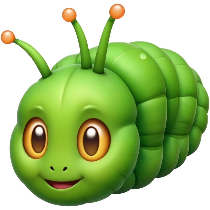 Cinematic Realistic Cute Caterpillar Portrait Emoji, Head tilted playfully and inquisitively, featuring a compact, segmented body in bright, vibrant green with delicate, inviting textures and a charming, rounded face with sparkling eyes full of curiosity, rendered with lifelike detail and natural highlights, high shine, affectionate and spirited, styled with a touch of garden whimsy, soft glowing outline, capturing the essence of a mischievous yet lovable caterpillar that seems poised to crawl cheerfully into your arms! emoji