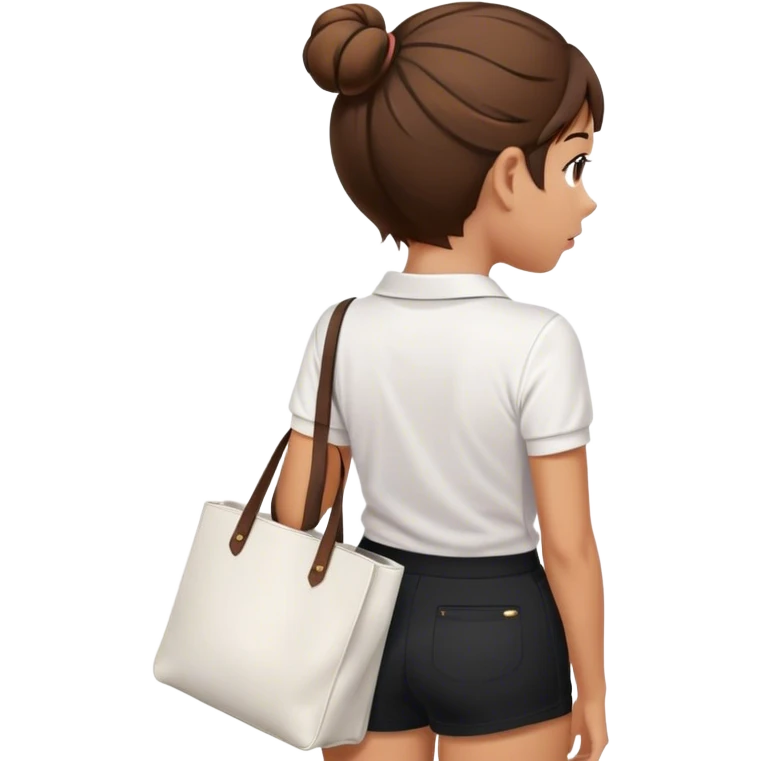 girl back view white polo black shorts brown hair in a bun white totebag emoji