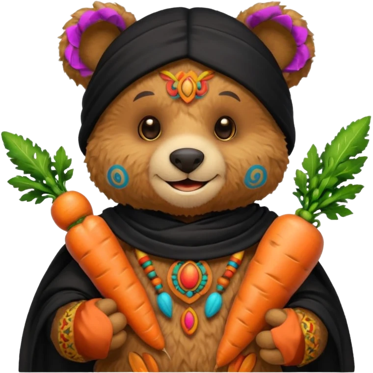 teddy bear, wearing black mayan ancient custome, with carrot half body emoji