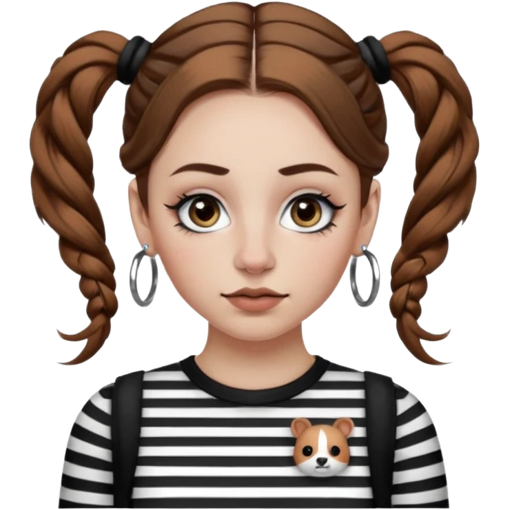 a white girl with brown hair in very low pigtails black eyeliner big false eyelashes with a septum piercing nose piercing big hoop earings dermals close to the eyes one on each side wearing a black and white striped long sleeve shirt emoji