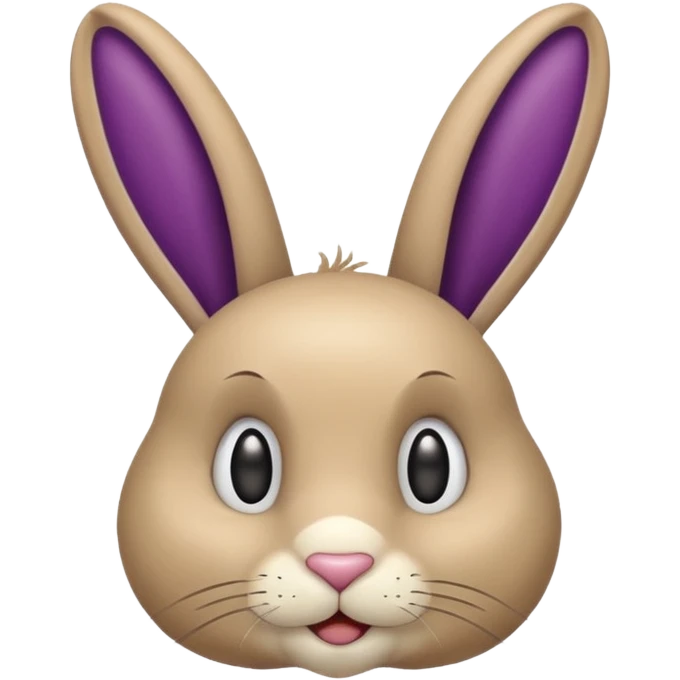 Un lapin beige qui a les oreilles qui tombent  avec une aubergine sur la tête emoji