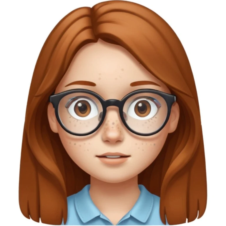 Une adolescente avec des taches de rousseurs, des grandes lunettes, des cheveux châtains clair longs et lisses et des yeux marrons  emoji