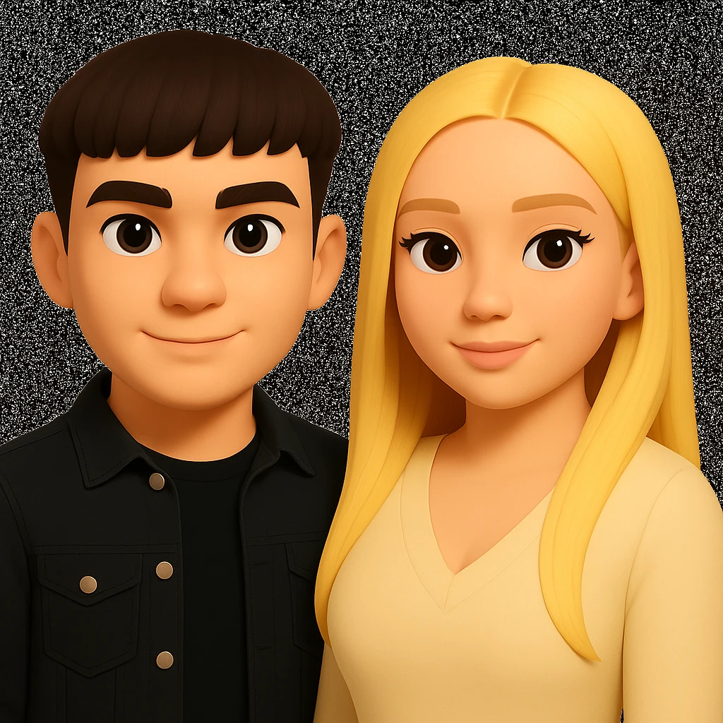 Slightly increase the volume of the upper body of the girl, slightly turn her to face forward, and make the skin color uniform. Maintain the cartoonish 3D style as in the reference image. emoji
