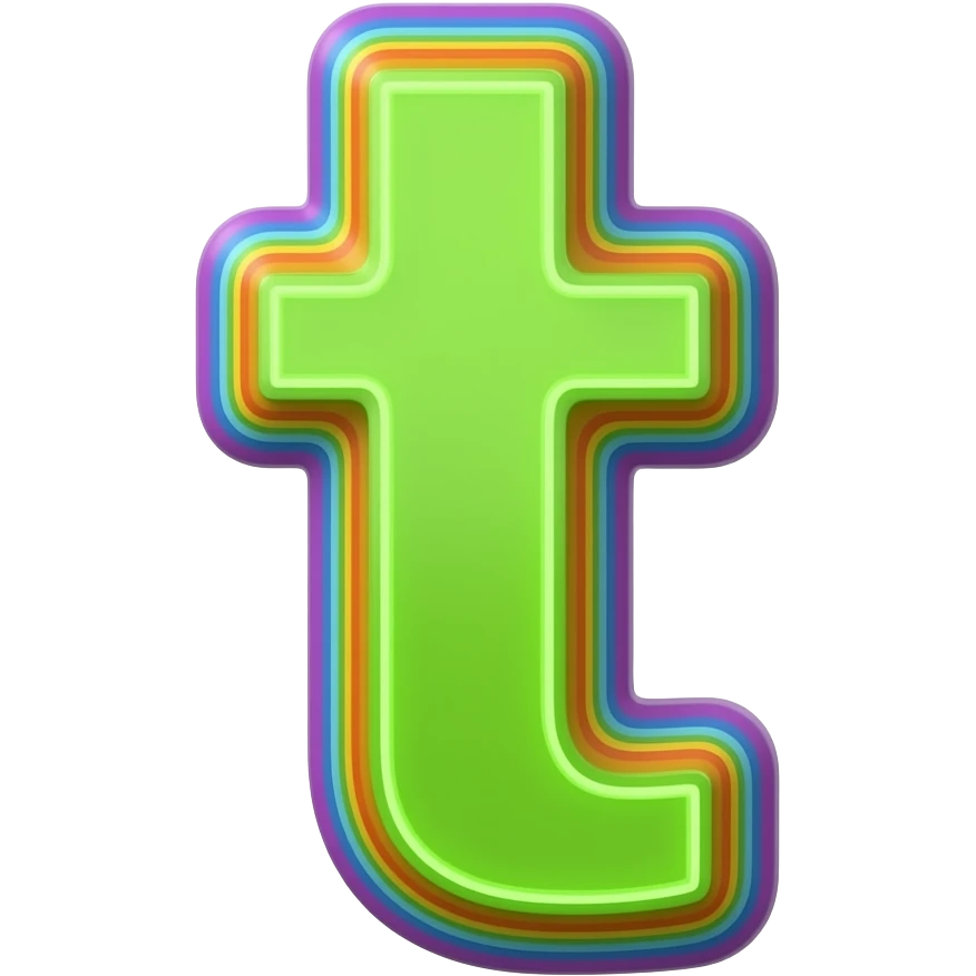 name "t" in neon lime green, 3D style typography lettering, each color of the rainbow as a border outlined around each letter, isolated, 3d rendering, no emoji icons no emoji faces and must have no human figures emoji