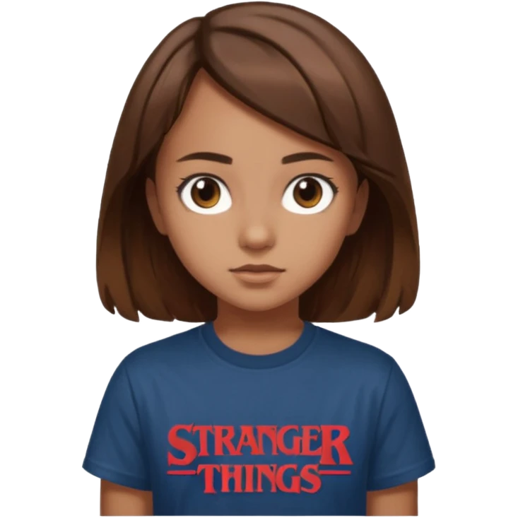 Girl with brown hair and brown eyes with Stranger Things t-shirt emoji