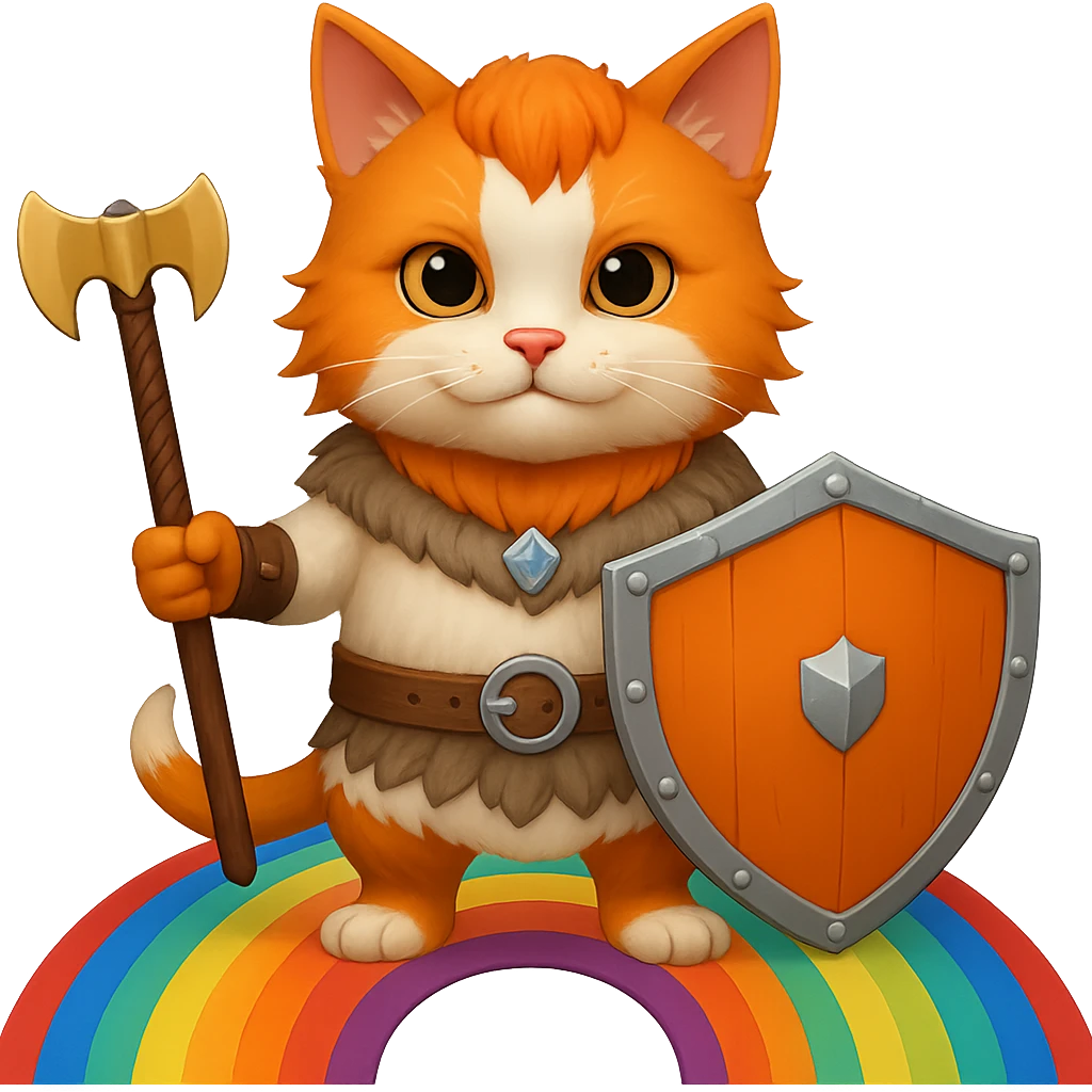 Add a rainbow bridge beneath the valorous Viking cat in Valhalla. Keep the background transparent. The style should match the original image's look and feel. emoji
