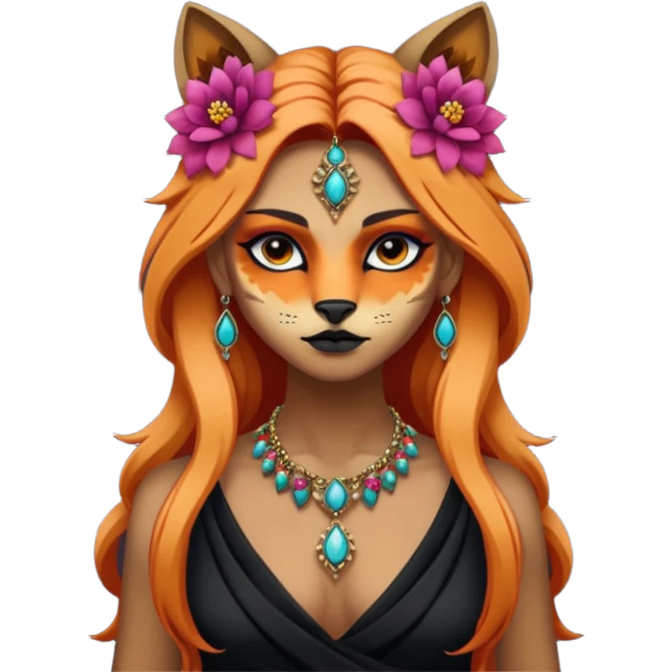 Multicolored gloomy moonshine dark edgy spooky hot warm badass realistic floral exotic Falvie-Fionbri-animal, full body, wearing jewelries emoji