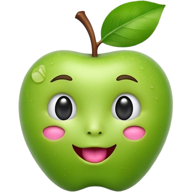 3D iOS-style emoji of a green apple with a cute human face: glossy, soft shading, big black eyes, tiny nose, open mouth with tongue, stem and leaf on top, white background emoji