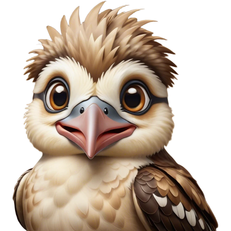 Cinematic Comical Kookaburra Portrait Emoji, Head tilted dramatically with an exaggeratedly amused expression, featuring a strikingly patterned brown and cream plumage with wide, expressive eyes filled with playful disbelief, Simplified yet hilariously expressive features, highly detailed, glowing with a slightly sassy glow, high shine, dramatic yet playful, stylized with an air of cheeky bushland mischief, bright and endearing, soft glowing outline, capturing the essence of a spirited and over‐the‐top kookaburra, so meme‐worthy it feels like it could cackle its way into internet fame instantly! emoji