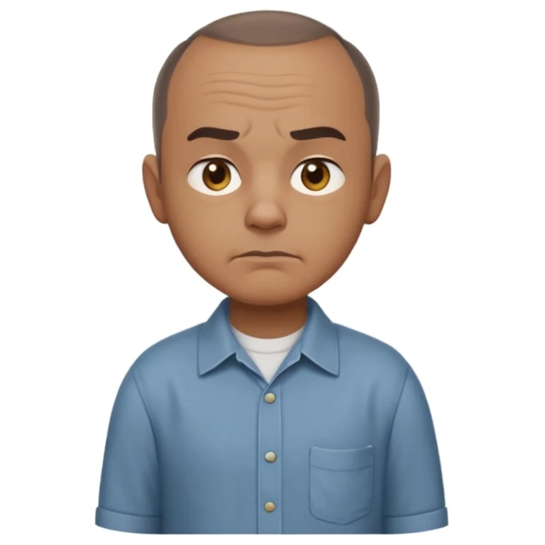 Carl from Sling Blade, stern look, chin protruding, slouch, no glasses, collared shirt, side view, full standing body, three-quarter face, head pushed forward, emoji style emoji