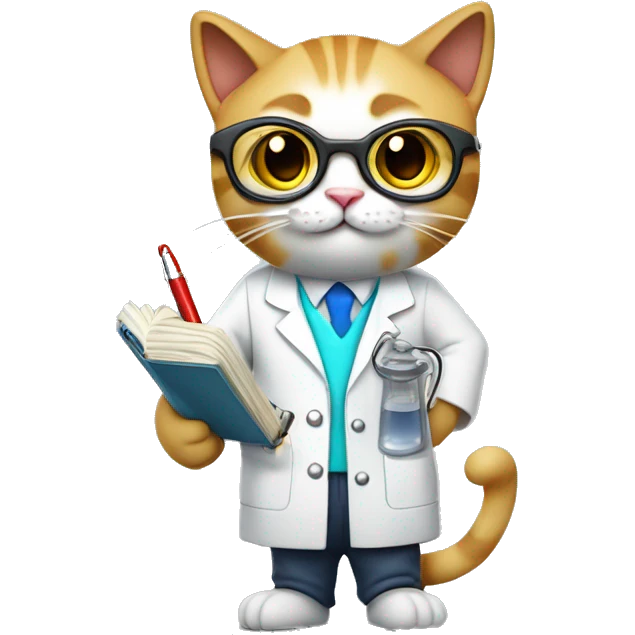 Cat wearing chemistry lab coat goggles and has notebook and a pen . show whole body emoji