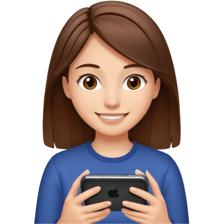 Girl with straight brown her and her feet behind her and she is smiling at her phone  emoji