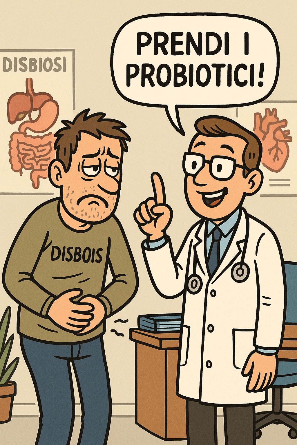 Uomo che ha disbiosi evidente e il dottore gli dice "Prendi i Probiotici!" emoji