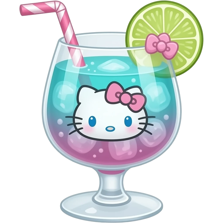 hangyodon the sanrio character themed turquoise and pink colored cocktail in coupe glass with actual illustration of hangyodon as a garnish emoji