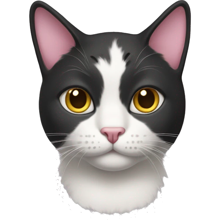Cat with clear white face, little black spot like mustache under nose, pink ears, and full forehead and under ears the fur is black, yellow eyes, no stripes emoji