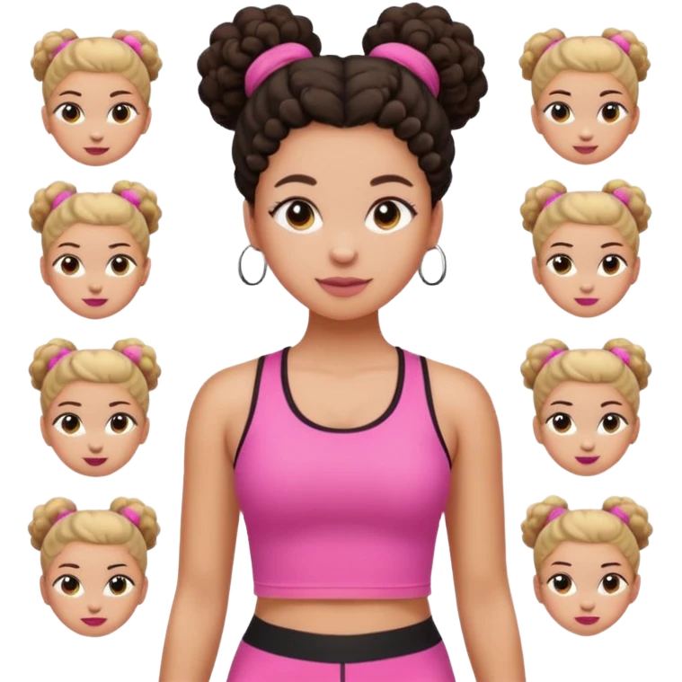 Faça um emoji personalizável estilo Apple menina  igual essa d foto com roupas clara , blusa esportiva rosa e por baixo uma blusa branca calça leg preta  cabelo coque  4c crespo  , faça um pack de emojis com ela fazendo situações clean girl igual os do pinterest  emoji