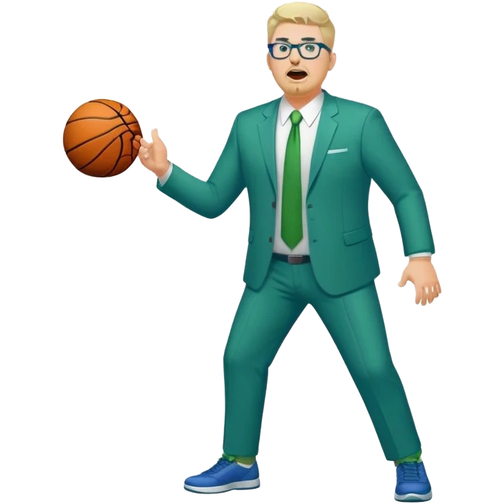Full Body plus size white male yelling basketball team manager with glasses blondish gray short hair with a goatee wearing blue and green suit emoji