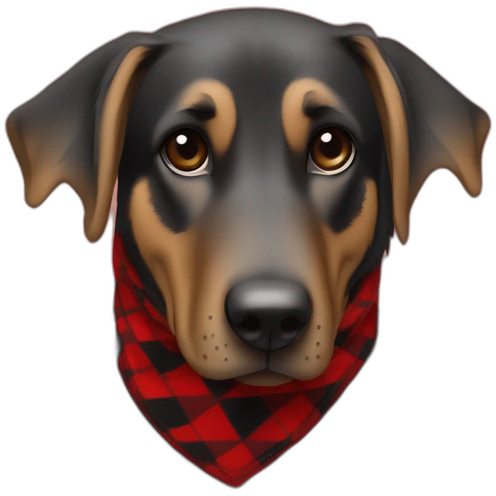 75% Coonhound 25% German Shepherd mix dog wearing small pointed red buffalo plaid bandana side view full body facing left emoji