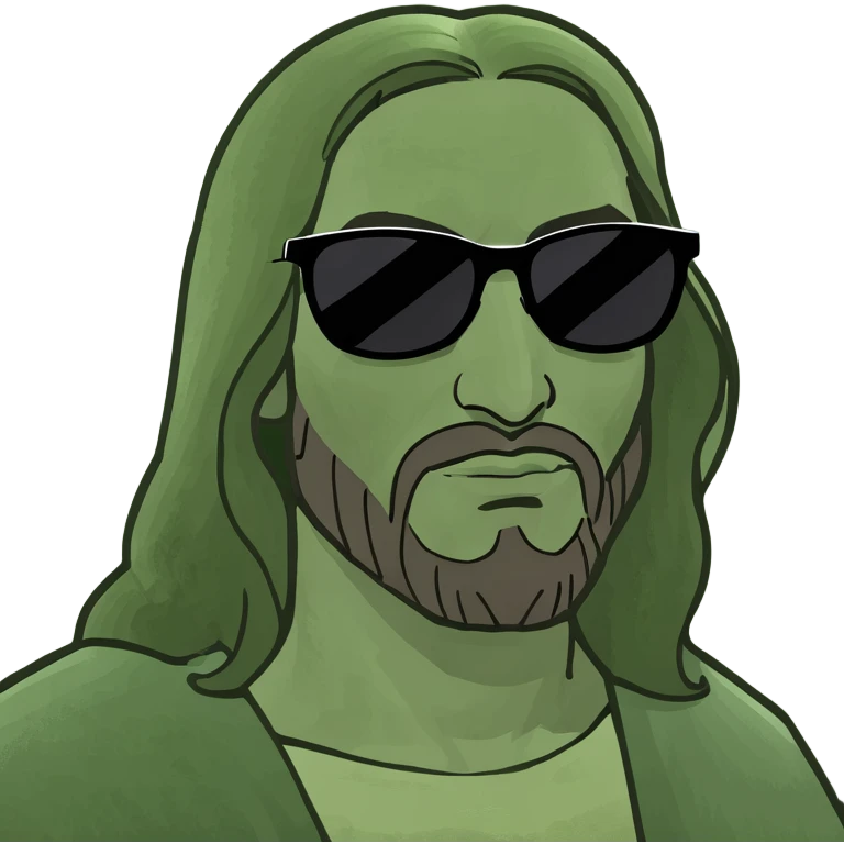 Jesus with sunglasses, cool meme style, relaxed, funny, viral meme energy emoji