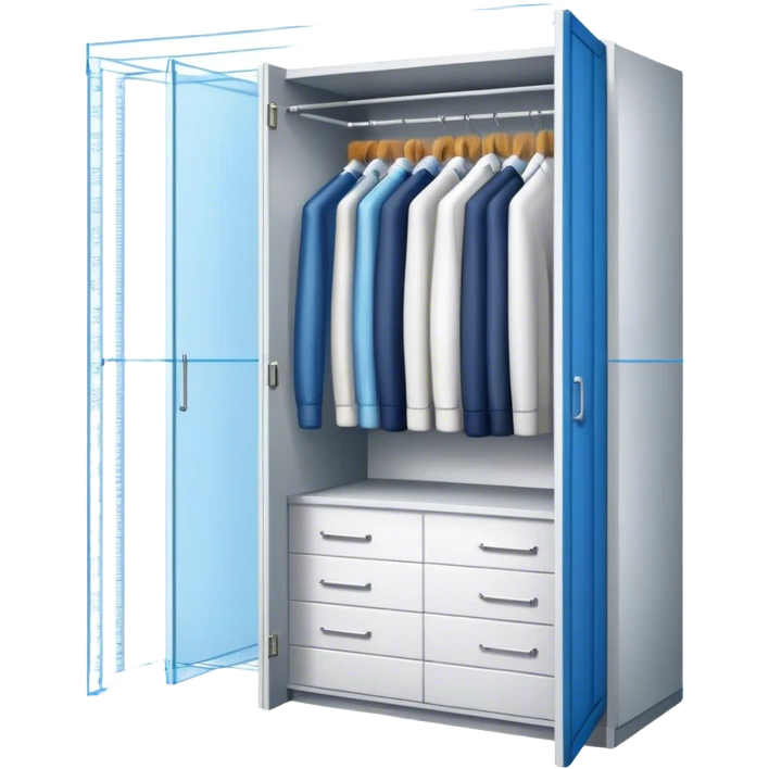 Professional emoji for Furniture Design: a close-up of a 3D wardrobe on top of a blueprint, with a measuring tape beside it. The icon should represent the detailed design and measurement process in furniture design. Transparent background. emoji