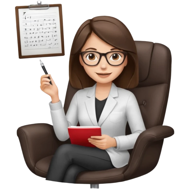 female therapist, brunette, brown eyes, light skin, sitting in a modern chair with notes, wearing glasses emoji