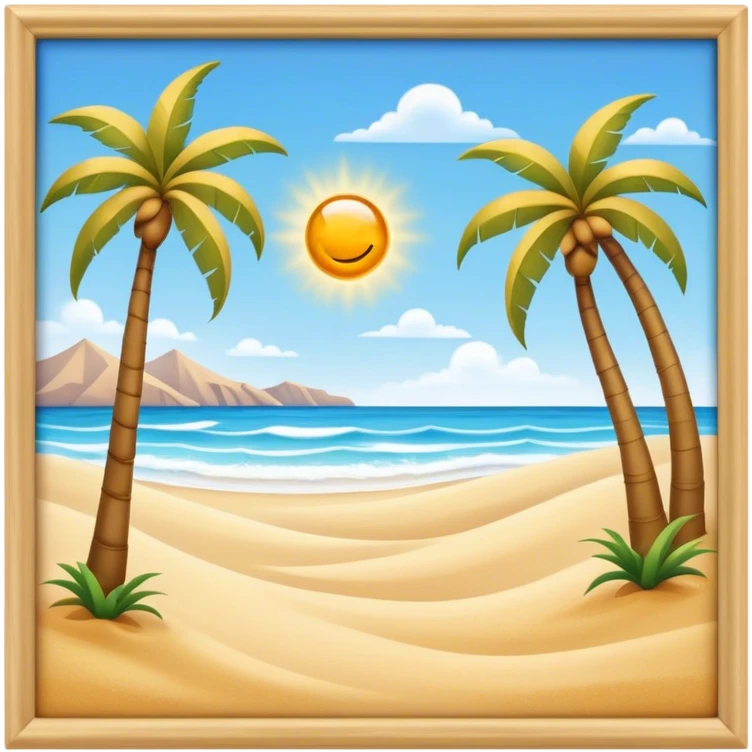 Cinematic Realistic Beach Emoji in a wooden frame, Sunny and bright, with soft golden sand stretching as far as the eye can see, gently lapping waves crashing onto the shore, and a clear, blue sky above. Palm trees sway in the warm breeze, crystal clear water of the waves on the landscape. Soft glowing outline, capturing the essence of a relaxed, joyful beach day filled with sun, sand, and surf! emoji