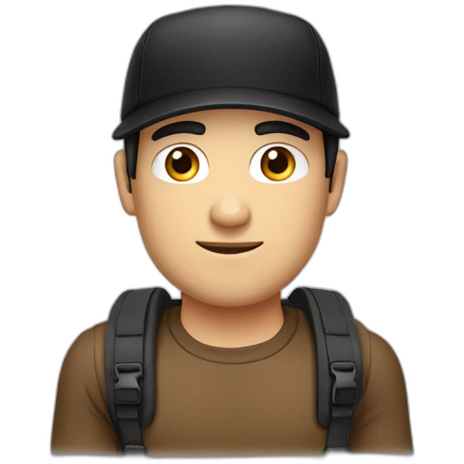 man,-caucasian,-with-a-brown-cap- -and-black-t-shirt- half body- black hair, black eyeblack-without suitcase emoji