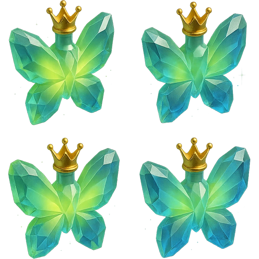 crystal luxurious butterfly-shaped bottle with a short neck and princess crown, many facets, glowing, light refractions, green (#c0ff53) and blue colors, golden details, magical effects, floating in air, transparent background, no base or shadow emoji