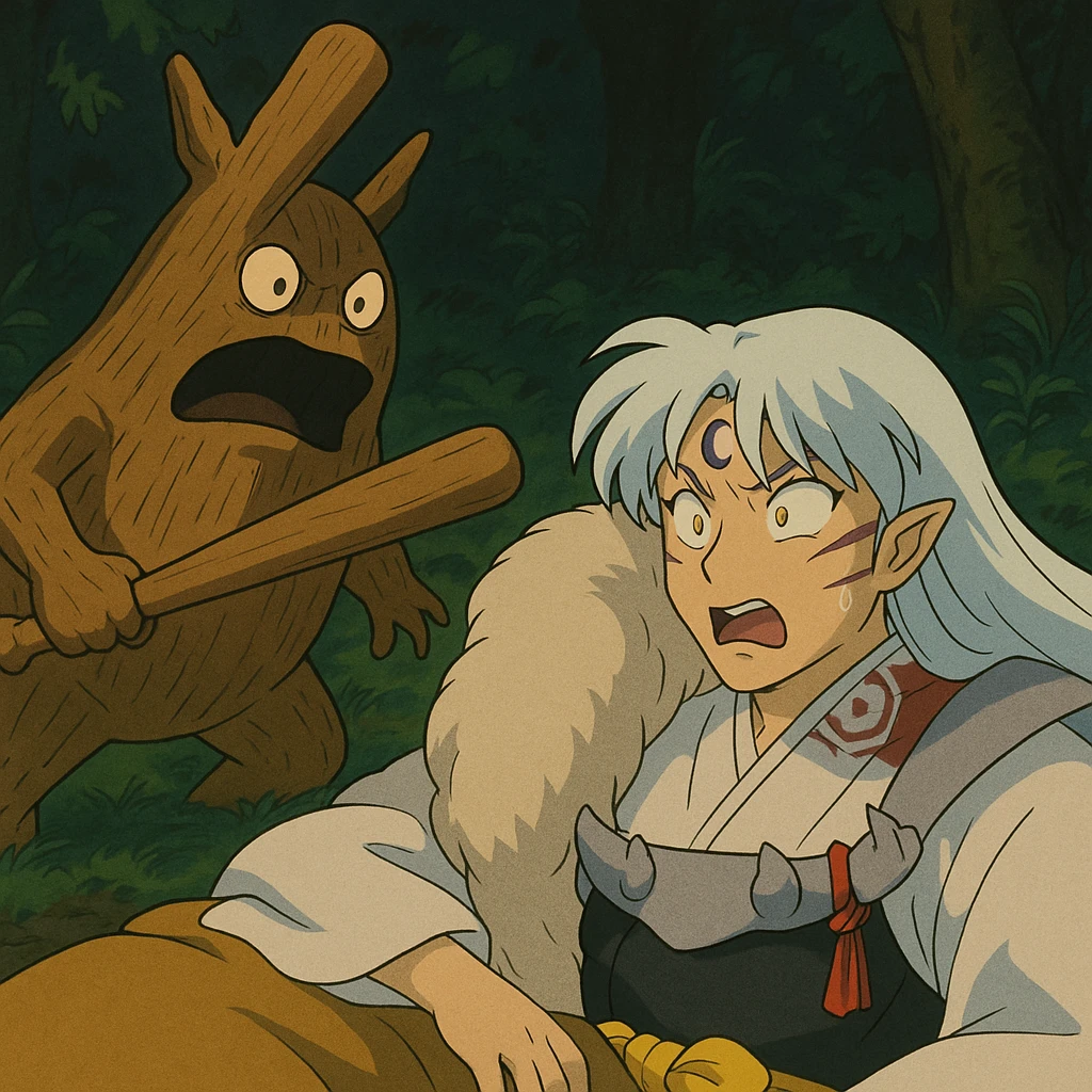 Wooden creature holding a baseball bat and scaring sesshomaru While he is sleeping We are shocked emoji