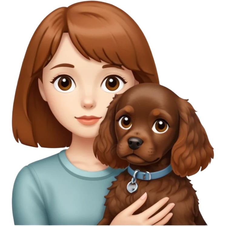 A girl with short bangs holding a brown cocker spaniel emoji
