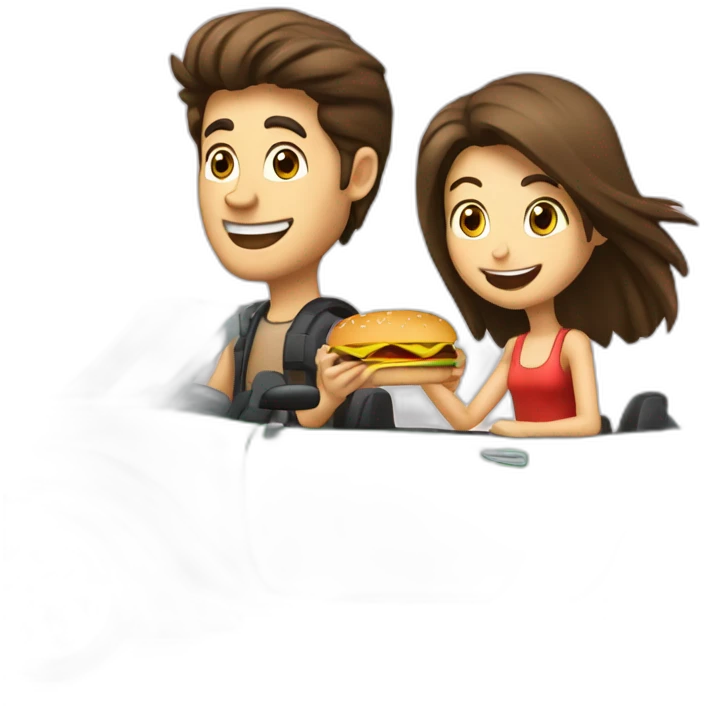 Brunette-boy-and-brunette-girl-roadster-car-driving-with-hamburger emoji