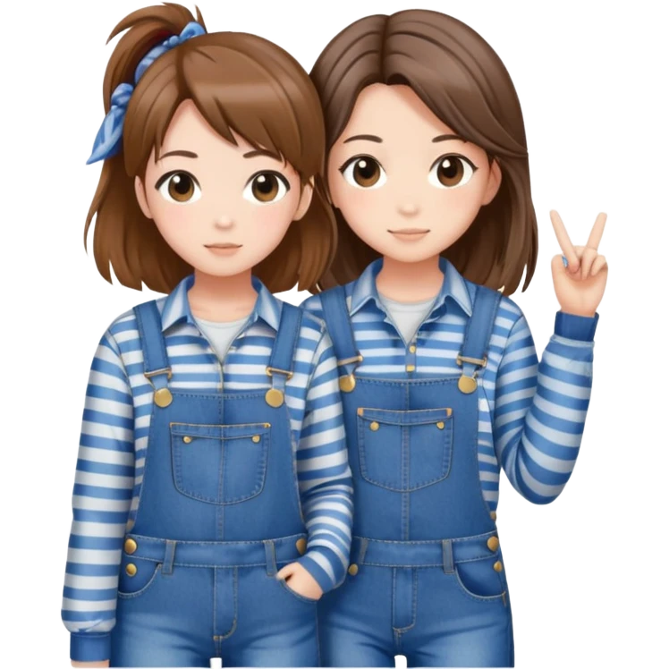 Two anime best friend girls with brown hair, one in striped shirt and denim jacket, one in denim overalls with hair clip emoji