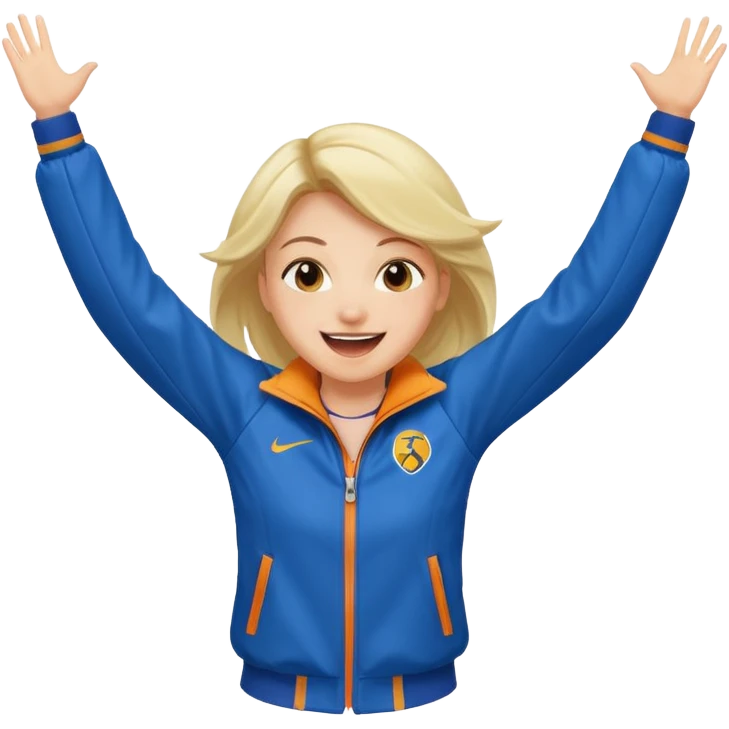 A girl in a sporty jacket, jumping slightly while cheering loudly. emoji