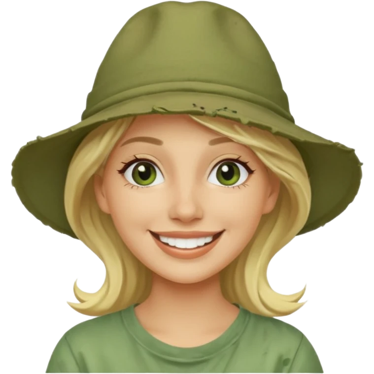 messy green clay mask and tourist hat blond woman  smiling and clay mask on face emoji