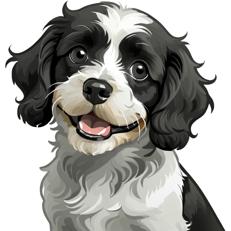 Golden cavapoo being sassy with a happy black and white smaller cavapoo emoji