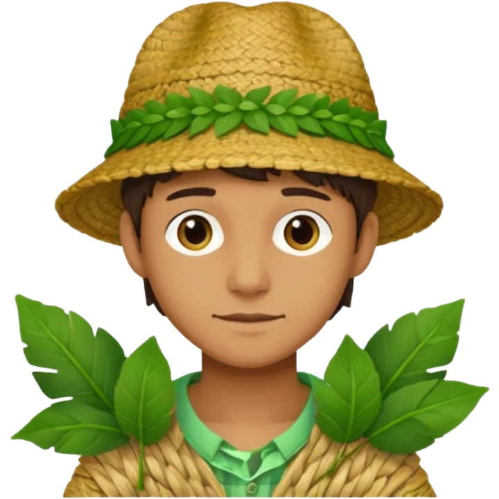 Adam, wearing a handmade hat woven from fresh green leaves, white background emoji